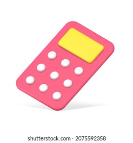 Simple red calculator with yellow display 3d icon vector illustration. Savings, financial, accounting machine with keyboard isolated. Electronic device for mathematics, economy and counting