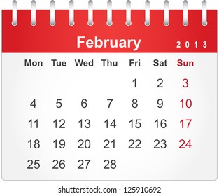 Simple red calendar for February 2013 (week starts from Monday)