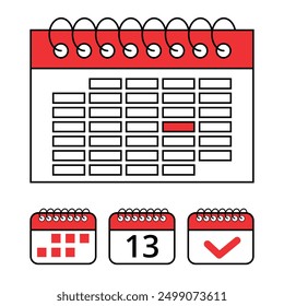 Simple red calendar icons for websites and graphic resources, calendar icon with specific day marked, day 13.