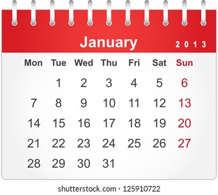 Simple red calendar for January 2013 (week starts from Monday)