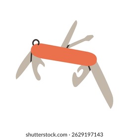 Simples vermelho acampamento multiferramenta. Faca de bolso multiuso em estilo plano para equipamento de acampamento ao ar livre. Conceito de sobreposição de ferramenta multifunção. Ilustração gráfica moderna do desenho de uma linha