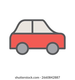 Simple Red Car Icon with Gray Wheels and White Roof, Flat Design