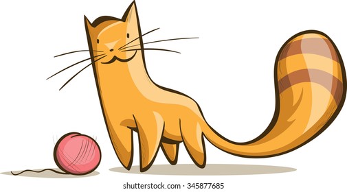 simple red cat with a tangle of thread, vector illustration, isolated on a white