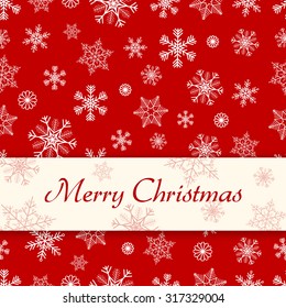 Simple red Christmas card with seamless snowflake pattern as background