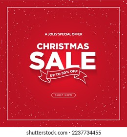 Simple Red Christmas Sale Card Poster with Up To 50% Off tag and shop now CTA Button. Vector Illustration. EPS 10.