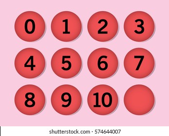 Simple red circle with numbers 0 to 10 inside. Vector illustration on pink background