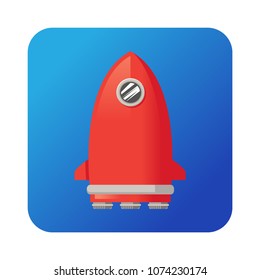 Simple red colored spaceship icon on blue button