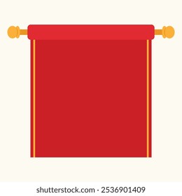 A simple red curtain with yellow accents, suggesting a decorative or theatrical purpose.