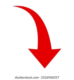 A simple, red, curved arrow pointing to the right and down on a white background. Direction symbol. Arrow symbol for app, UI, web. Vector illustration