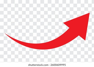 A simple, red, curved arrow pointing to the up on a transparent background. Direction symbol. Vector illustration