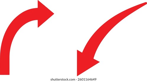 A simple, red, curved arrow pointing to the right and down on a white background. Direction symbol. Arrow symbol for app, UI, web. Vector illustration..
