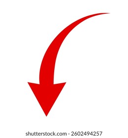 Simple red curved arrow pointing to the down on a white background. Direction pointer. Arrow symbol for app, UI, web. Vector illustration