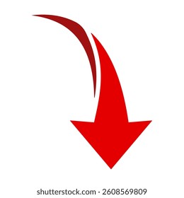 A simple, red, curved arrow pointing to the right and down on a white background. Direction symbol. Arrow symbol for app, UI, web. Vector illustration