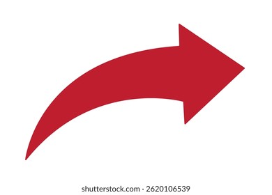 A simple, red, curved arrow pointing to the right and down on a white background. Direction symbol. Arrow symbol for app, UI, web. Vector illustration