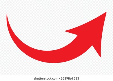 A simple, red, curved arrow pointing to the right and down on a white background. Direction symbol. Vector illustration. eps 10