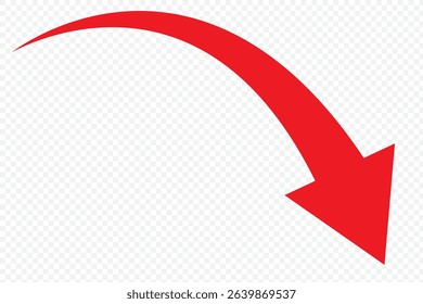 A simple, red, curved arrow pointing to the right and down on a white background. Direction symbol. Vector illustration. eps 10
