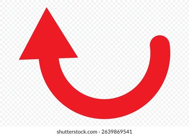A simple, red, curved arrow pointing to the right and down on a white background. Direction symbol. Vector illustration. eps 10