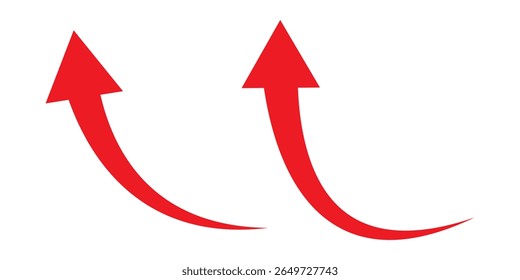 A simple, red, curved arrow pointing to the up on a transparent background. Direction symbol. Red arrows set. Curved arrows. Arrow sign. Curved arrow pointing right. red arrow.
