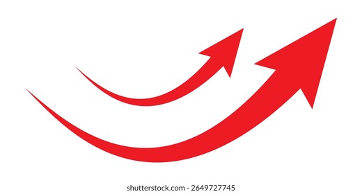 A simple, red, curved arrow pointing to the up on a transparent background. Direction symbol. Red arrows set. Curved arrows. Arrow sign. Curved arrow pointing right. red arrow.