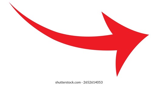 A simple, red, curved arrow pointing to the right and down on a white background. Direction symbol.
