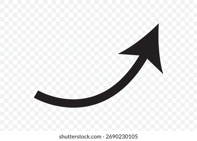 A simple, red, curved arrow pointing to the right and down on a white background. Direction symbol. Vector illustration.