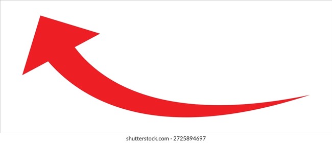 A simple, red, curved arrow pointing to the upward and left side icon. Direction symbol. Arrow symbol illustration on white background. 