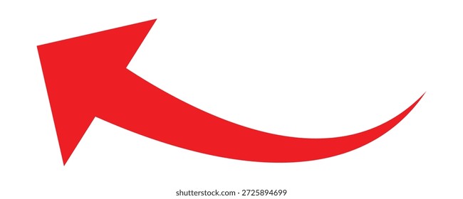 A simple, red, curved arrow pointing to the upward and left side icon. Direction symbol. Arrow symbol illustration on white background. 