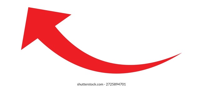 A simple, red, curved arrow pointing to the upward and left side icon. Direction symbol. Arrow symbol illustration on white background. 