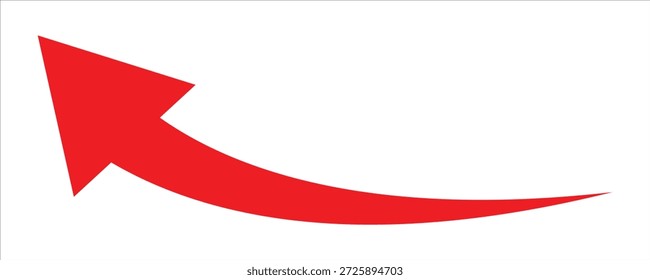 Ein einfacher, roter, gekrümmter Pfeil, der auf das Symbol auf der linken und nach oben zeigt. Richtungssymbol. Pfeilsymbolgrafik auf weißem Hintergrund. 