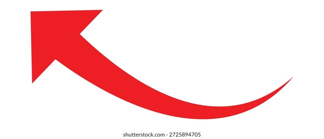 Uma seta simples, vermelha e curva apontando para o ícone do lado esquerdo e superior. Símbolo de direção. Ilustração de símbolo de seta sobre fundo branco. 