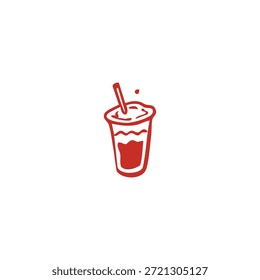 A simple red drawing of a drink with a straw in a clear cup against a white background.