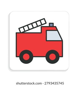 A simple red fire engine icon featuring a grey ladder on top, black wheels, and a blue window, set against a white rounded square background.