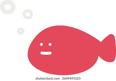Simples ilustração de peixe vermelho com corpo redondo, pequenas barbatanas, olhos brancos e boca, e três bolhas ascendentes, em um design aquático limpo e minimalista em um fundo claro.