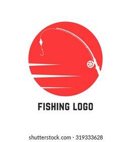 simple red fishing logo. concept of leisure, active holiday, spinning, company badge, wildlife, sportfishing. isolated on white background. flat style trend modern brand design vector illustration