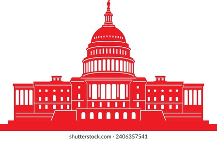 Simple red flat drawing of the American historical landmark monument of the UNITED STATES CAPITOL, WASHINGTON DC