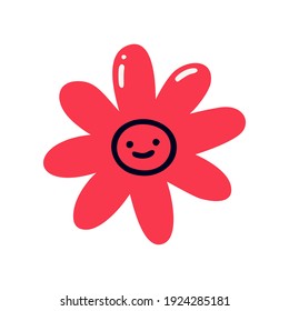 A simple red flower with a smiling face. Flat vector illustration isolated on a white background