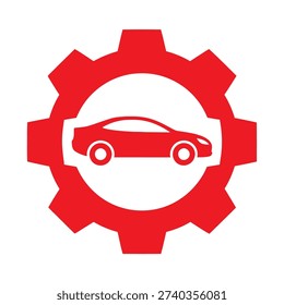 Simple red gear icon containing a car