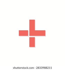 A simple red geometric cross or plus sign icon composed of separate rectangular segments on a clean white background