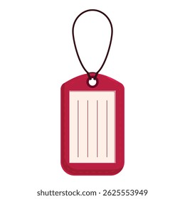 Simple red gift tag with blank lines is hanging on a black string, suggesting a present or a sale