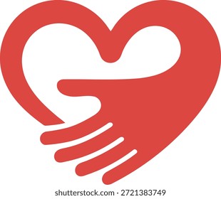 Un simple gráfico rojo representa dos manos abrazándose suavemente para formar una forma de corazón amoroso, simbolizando el cuidado y la unidad.
