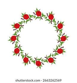 Simples vermelho e verde da grinalda da maçã com um galho e folhas. Borda redonda de frutas sazonais. Decoração de jardim. Moldura de maçã redonda. Fundo de verão Para cartaz, banner, capa. Ilustração plana vetorial.