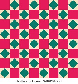 Simple Red green Beige Square and diamond Shape Checker board pattern. Cute 2D Trendy endless Background graphic design element. Printable editable for bed room wallpaper, banner, cover, gift wrap,etc