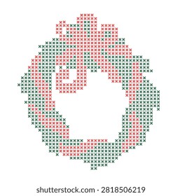 Simple red and green cross stitch embroidery Christmas wreath vector icon, adjustable thickness stitched needlecraft for rustic holiday scrapbook, whimsical cottagecore winter decor for handmade cards
