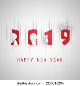 Simple Red and Grey New Year Card, Cover or Background Design Template With Christmas Tree, Gift Box, Drinking Glasses And Fireworks Icons - 2019