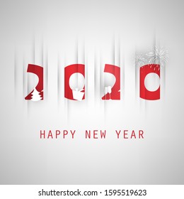 Simple Tarjeta de Año Nuevo Rojo y Gris, plantilla de diseño de cubierta o fondo con árbol de Navidad, caja de regalo, lentes de bebida e iconos de fuegos artificiales - 2020