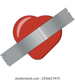 Simple red Heart attached adhesive tape to the white wall. Velentine's Day vector conceptual art isolated white background. EPS 10.  