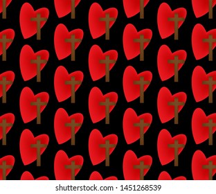 A simple red heart and brown cross pattern vector on a black background