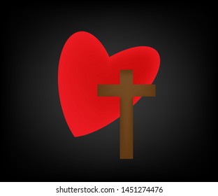 A simple red heart and brown cross vector on a black gradient background