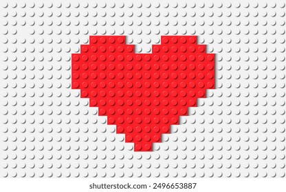 Simple red heart composed of many plastic building toy blocks. Close-up of a colorful bricks. Abstract vector background illustration