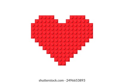 Simple red heart composed of many plastic building toy blocks. Close-up of a colorful bricks. Abstract vector background illustration